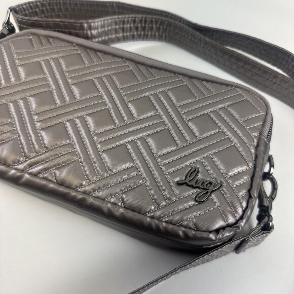 Lug Coupe XL Convertible Crossbody Bag Gray Metallic Quilted Double Zip Travel - Picture 2 of 13